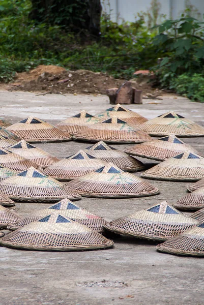 Guilin China May 2010 Tea Institute 一组褐色米色的帽子也被用作茶叶收集篮 在阳光下的灰色地面上烘干 后背的绿叶 — 图库照片
