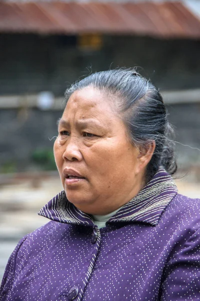 中国桂林 2010年5月10日 市中心 紫衬衫灰蒙蒙妇女的面部特写 — 图库照片