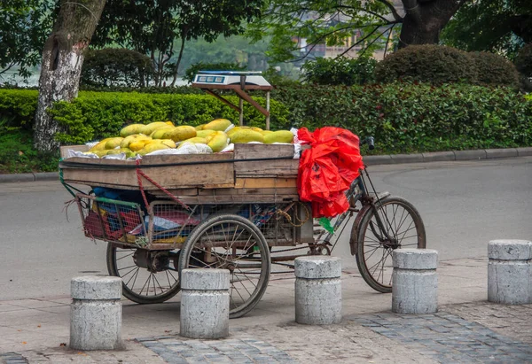 中国桂林 2010年5月10日 市中心 老旧的三轮车踏板自行车 带有木制载重舱 灰色表面街上满了成熟的绿黄色木瓜 后背的绿叶 — 图库照片