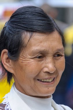 Chongqing, Çin - 9 Mayıs 2010: hayvanat bahçesi içinde veya hayvan parkında. Siyah saçlı, beyaz gömlekli, gülümseyen bir kadının yüzü..