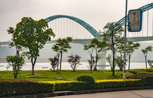 2010年 平成22年 5月5日 長江に架かる橋で 公園前に緑の植生と黄色の花を咲かせる ディスプレイ上の広告 — ストック写真