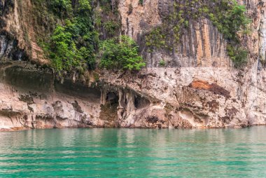 Wuchan, Çin - 7 Mayıs 2010: Daning Nehri üzerindeki Dawu veya Misty Gorge. Sarkıtların yakın çekimleri, zümrüt geen suyunun üzerindeki mağaraların önünde kısmen yeşil yapraklarla kaplı kahverengi uçurumlar oluşturur..