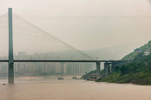 Fengdu Chongqing China May 2010 Yangtze River Pylons Suspension Road — Stock Photo, Image