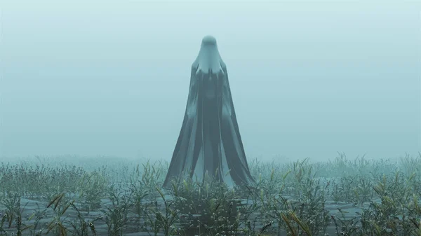 Standing Evil Spirit Ghost with Crossed Legs and Hands by Her Sides in a Death Shroud Over Water on a Foggy Day Front View 3d Illustration 3d Rendering