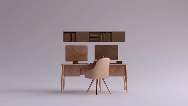 Bronze Simples Home Office Configuração Com Mesa Flutuante Ilustração Renderização — Fotografia de Stock