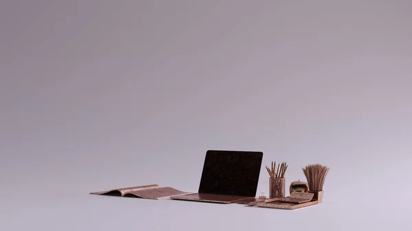 Bronze Contemporânea Hot Desk Office Configuração Com Laptop Telefone Móvel — Fotografia de Stock