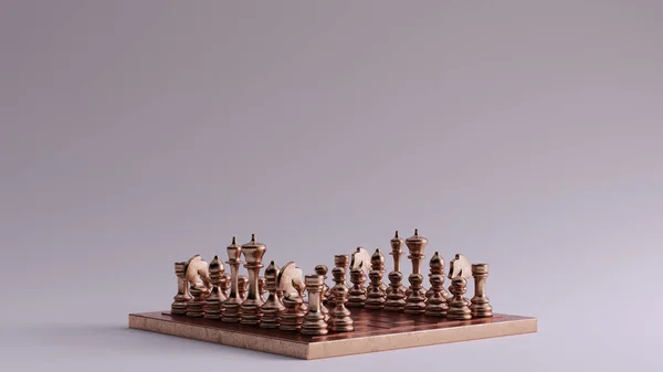 ブロンズチェス盤と駒3Dイラスト 3Dレンダリング — ストック写真