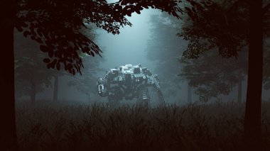Futuristic AI Battle Droid Cyborg Mech with Glowing Lens Standing in a Wooded Clearing with a Beam of Light 3d illustration 3d render  clipart