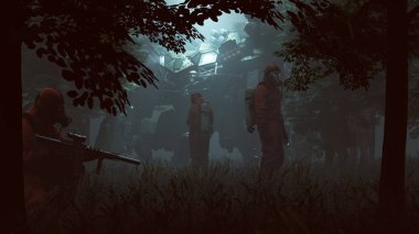 Men in Hazmat Suits with Futuristic AI Battle Droid Cyborg Mech with Glowing Lens Standing in a Wooded Clearing with a Beam of Light 3d illustration 3d render  clipart
