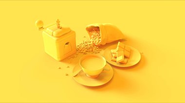 Yellow Coffee Grinder with a Bag of Beans and a Coffee Cup an Saucer with some Chocolate 3d illustration 3d render