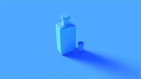 带玻璃瓶的玻璃瓶中的蓝色酒精饮料 并拍摄玻璃杯右景3D插图3D渲染 — 图库照片