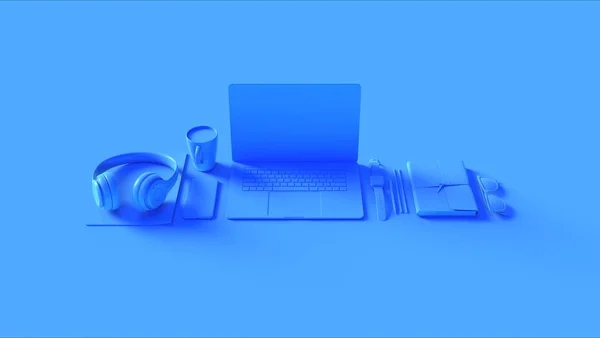 Configuración Oficina Escritorio Caliente Contemporáneo Azul Con Auriculares Para Teléfono —  Fotos de Stock