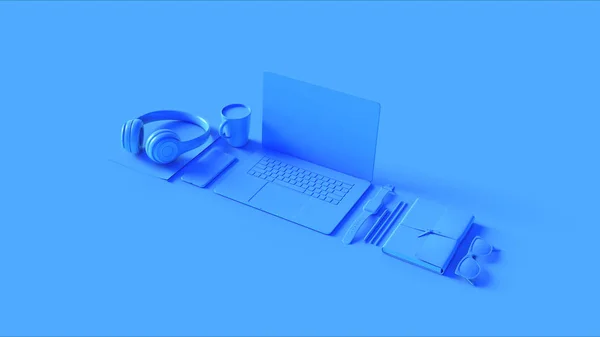 Impostazione Ufficio Hot Desk Contemporanea Blu Con Laptop Cuffie Telefoni — Foto Stock