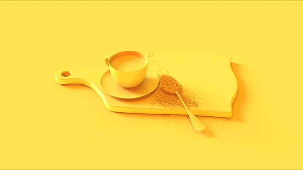 Κίτρινο Κύπελλο Καφέ Ένα Saucer Ένα Συμβούλιο Κοπής Ένα Κουταλάκι — Φωτογραφία Αρχείου