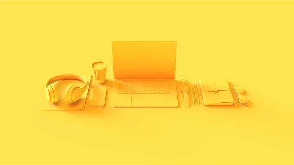 ノートパソコン携帯電話のヘッドフォンメモ帳サングラス3Dイラスト3Dレンダリングと黄色の現代的なホットデスクオフィスのセットアップ — ストック写真