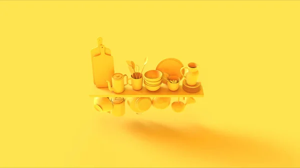 Жовті Полиці Різними Кухонними Горщиками Каструлями Чверті Ліворуч Ілюстрація Рендеринга — стокове фото