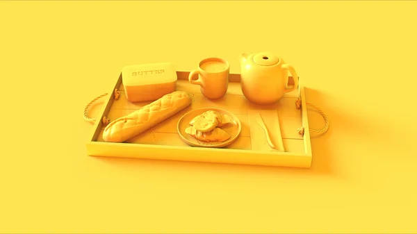 Gele Mok Theepot Een Dienblad Met Brood Boter Illustratie Render — Stockfoto