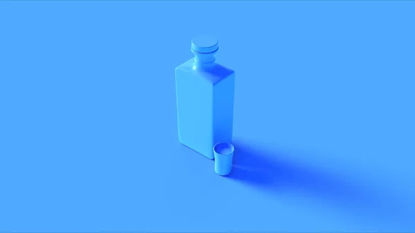 带玻璃瓶的玻璃瓶中的蓝色酒精饮料 并拍摄玻璃杯右景3D插图3D渲染 — 图库照片