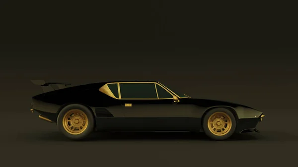 Powerful Black Gold Sports Car 1970 Style Illustration Render — стоковое фото