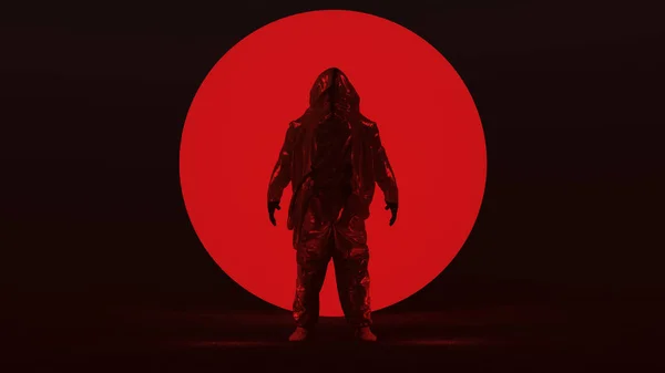 Man Hazmat Nbc Suit Big Red Alien Sphere Dark Ködös — Stock Fotó