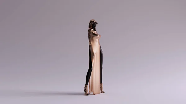 Brąz Czarny Futurystyczny Kobieta Wysokiej Biodra High Leg Split Sukienka — Zdjęcie stockowe