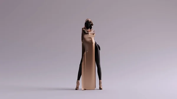 Bronze Black Futuristic Woman High Hip High Leg Split Dress — 스톡 사진