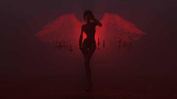 Black Seductive Devil Vampire with Wings Formed out of Small Red Spheres in Corset and Long Gloves and Upside Down Floating Crosses Abstract Demon in a Foggy Void 3d illustration
  