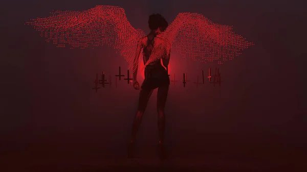 Black Seductive Devil Vampire Hair Wings Formed Out Small Red — Photo