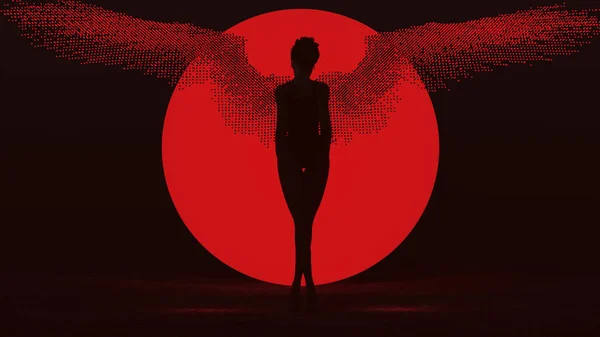 黑吸血鬼魔鬼僵尸女人 身穿泳衣 翅膀是用小球体做成的 站在一个大红色球体中 在黑暗的诱惑力后视镜3D插图3D渲染 — 图库照片
