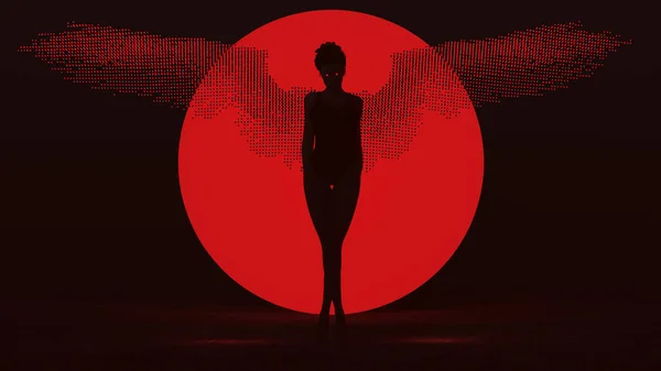 黑吸血鬼魔鬼僵尸女人 头戴泳衣 翅膀是用小圆球做成的 站在黑暗虚空的诱惑力前景3D插图3D渲染出来的 — 图库照片