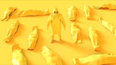 Yellow Corona Virus Hazmat NBC Suit Gas Mask with Body Bags Cadaver Pouch Human Remains 3d illustration 3d render  clipart