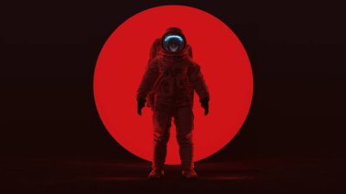 Astronaut in a Red Space Suit Standing in a Alien Void with a Clear Visor Woman's Face with a Big Red Alien Sphere in a Dark foggy void Front View 3d Illustration 3d render clipart