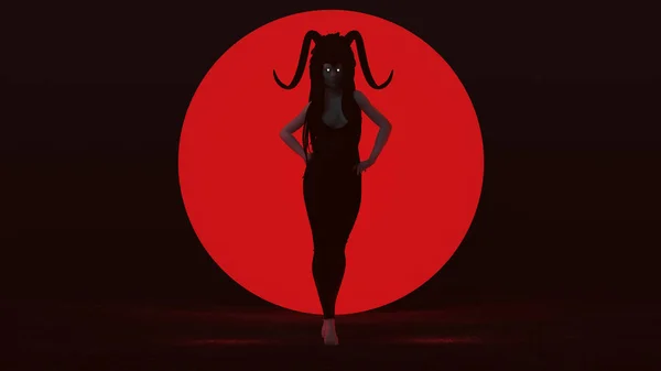 Black Vampire Devil Woman Walking Hands Hips Dress Head Dress — 图库照片