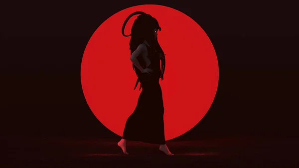 Black Vampire Devil Woman Walking Hands Hips Dress Head Dress — 图库照片