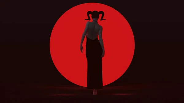 Чорний Вампір Диявол Жінка Йде Відкритій Підстилці Одягом Рогатої Голови — стокове фото