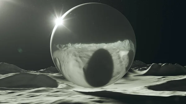 Moon Moonscape Big Floating Silver Alien Sphere Sun Lens Flare — Stock Photo, Image