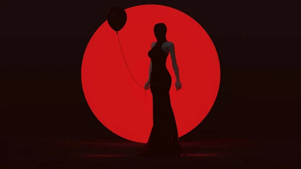 Black Vampire Devil Woman Standing Black Balloon Futuristic Haute Couture — 图库照片