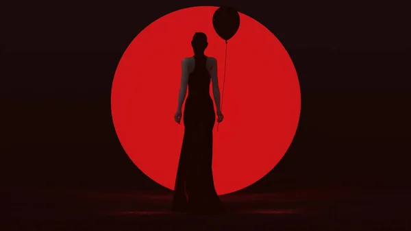 Black Vampire Devil Woman Standing Black Balloon Futuristic Haute Couture — 스톡 사진