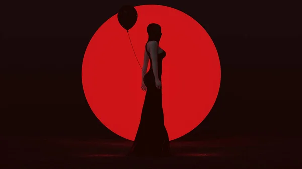 Black Vampire Devil Woman Standing Black Balloon Futuristic Haute Couture — 图库照片