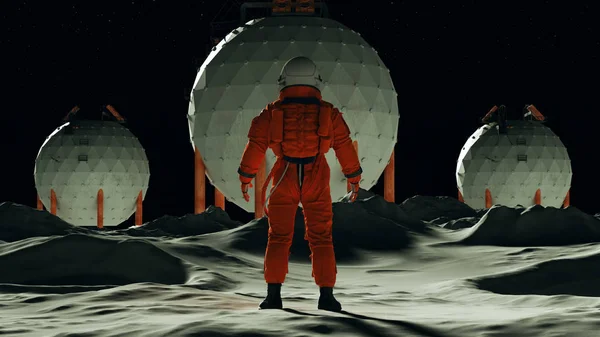 Astronaut Moon Base Man Moon Orange Space Suit White Helmet — ストック写真