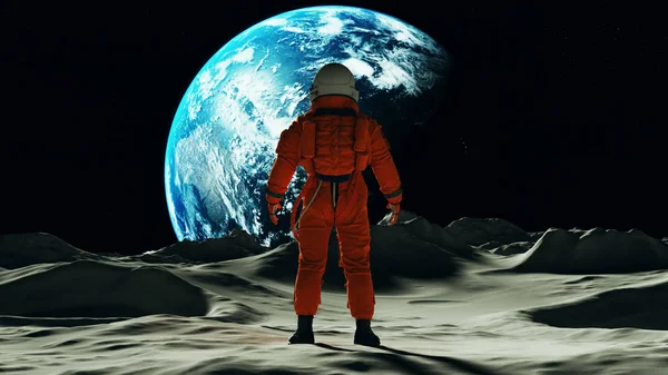 Astronaut Man Moon Orange Space Suit Looking Earth Illustration Render — ストック写真