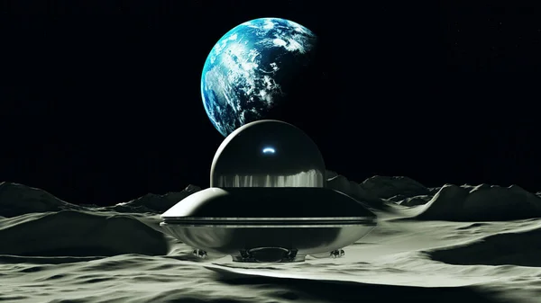 Planeta Země Pozorované Měsíce Stříbrné Ufo Vznášející Ilustrace Vykreslení — Stock fotografie