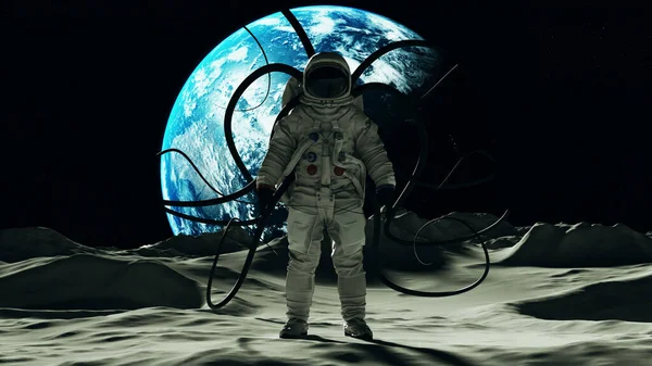 Человек Астронавт Луне Белом Скафандре Странными Инопланетными Щупальцами Рендеринг — стоковое фото