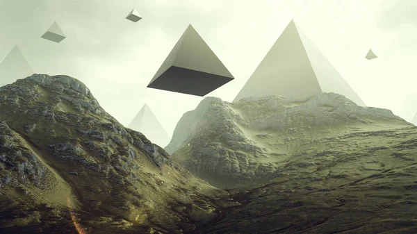 岩の多い丘や浮遊幾何学的形状3Dレンダリング3Dイラスト — ストック写真