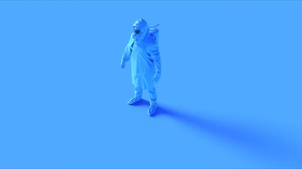 蓝色日冕病毒危害服与防毒面具3D插图3D渲染 — 图库照片