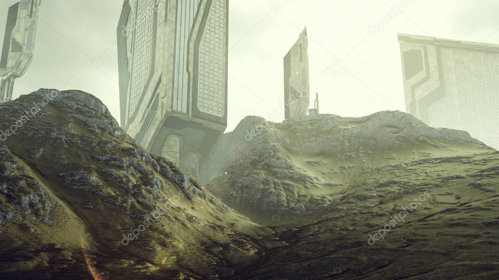 Rocky Hills with Scy-fi Outpost Colony 3d rendering 3d illustration