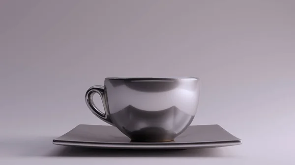 シルバーコーヒーカップとソーサー3Dイラスト 3Dレンダリング — ストック写真