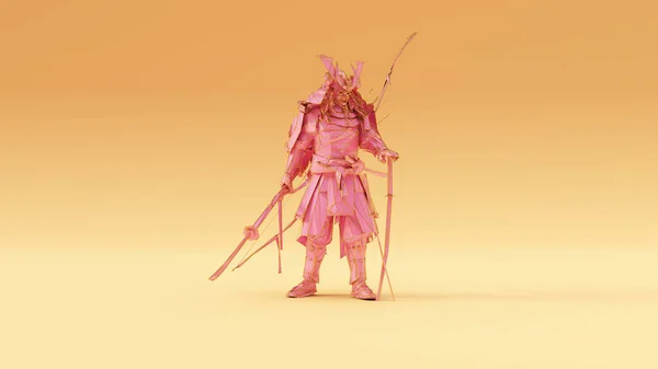 Pink Samurai 由多边形三角形制成 带有金格框架保温霜背景3D插图3D渲染 — 图库照片