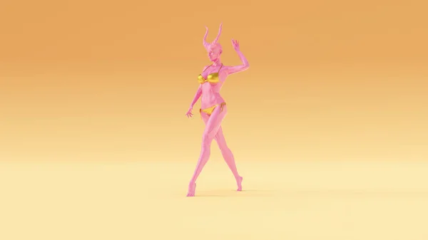 Pink Gold Devil Angel Horns Walking Bikini Top Bottom Warm — стоковое фото