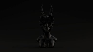 Siyah Antika Boynuzlu İblis Kraliçe Heykeli Kara Arkaplan Ön Görünümü 3D Görüntü